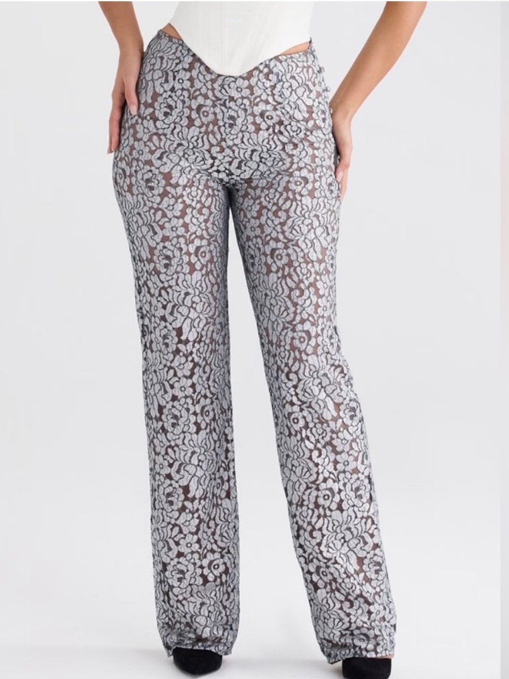 HOUSE OF CB Mara Metallic Pastel Blue Delicate Floral Lace Pants size medium NEW